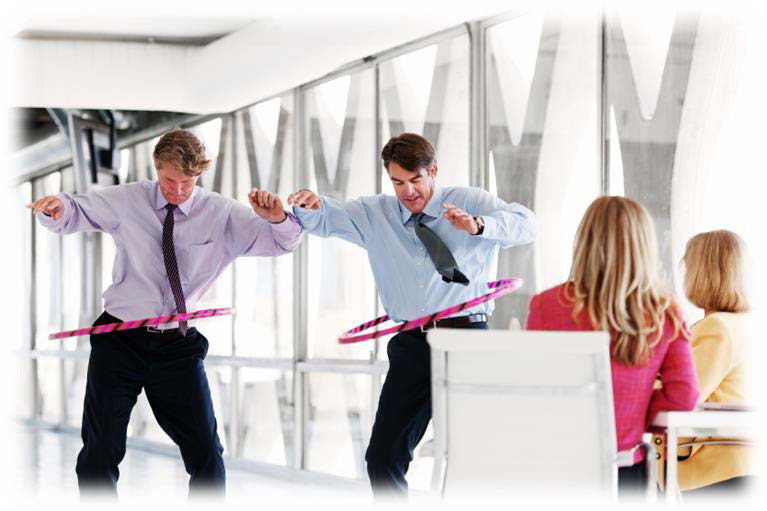 Photo of businesspeople hula hooping in the office