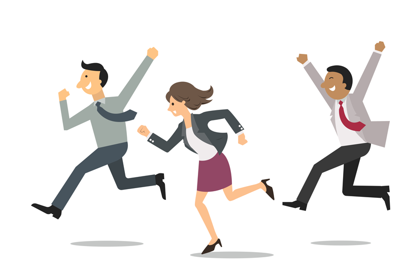 Graphic of businesspeople happily running